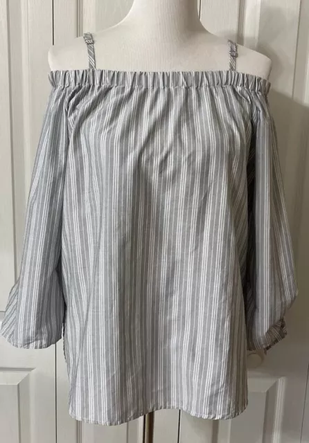 Seven Sisters Womens Striped Off Shoulder Peasant Blouse Sz M Grey White Casual