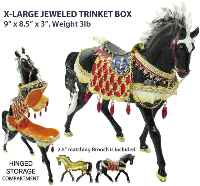 X-Large Horse Jeweled Trinket Box with Austrian Crystals, Black