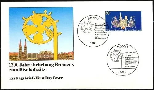 BRD 1987: Bremen Bischofsitz! FDC der Nr. 1329 mit Bonner Sonderstempeln! 20-12