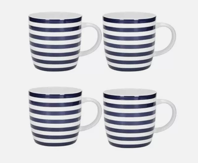 Set of 4 - Kitchen Craft Barrel Mug  Fine Bone China Nautical Stripe, Blue 425ml