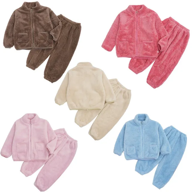 Unisex Kids Sleepwear Winter Set Boys Outfits Solid Color Homewear Casual Tops