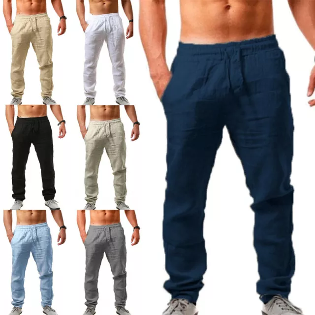 Mens Summer Cotton Linen Pants Plain Drawstring Elasticated Yoga Trousers M-3XL