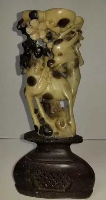 Vintage Japanese Carved Soapstone Deer Feeding Candle Holder