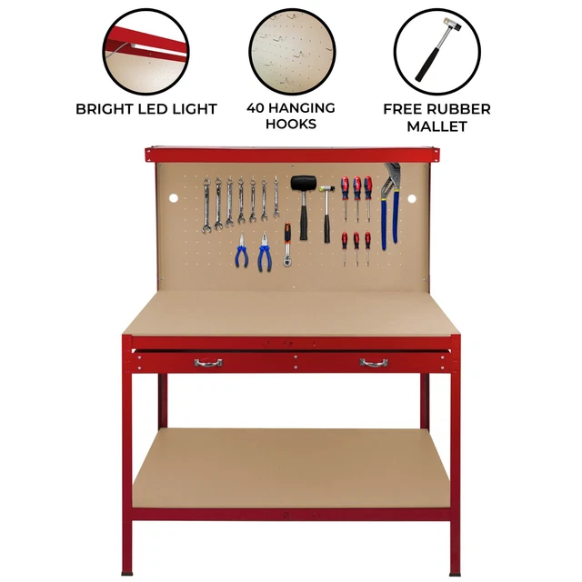 Work Pro Red Workbench RED WORKBENCH PEGBOARD Drawer Light Tool Garage Heavy Duty Steel ...
