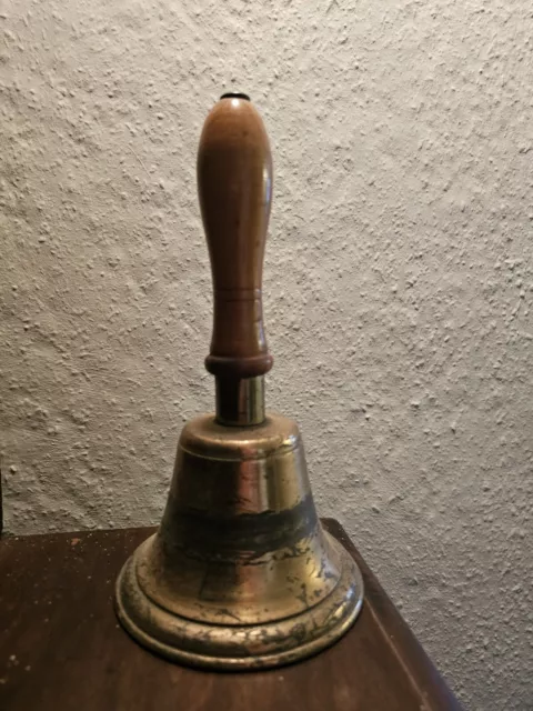 Large  Vintage Brass School Bell, Wooden Handle 25cm tall