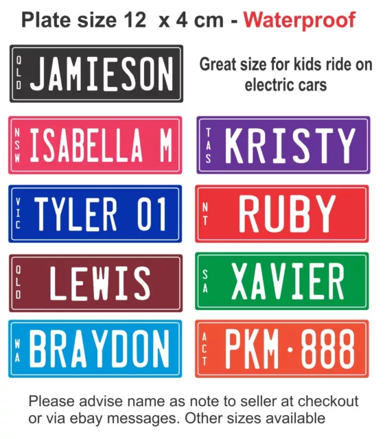 KIDS RIDE ON PEDAL ELECTRIC CAR TRIKE MINI NUMBER PLATE 12 x 4cm PERSONALISED