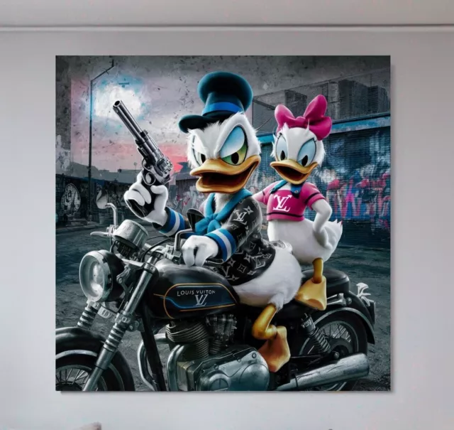 LEINWAND BILDER BIS 100x100x5 LV Donald-Duck-GANGSTER MOTORRAD POP-ART MODERN