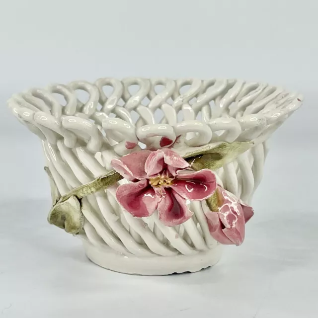 Vintage Small Capodimonte Open Weave Porcelain Basket with Pink Flowers Leaves