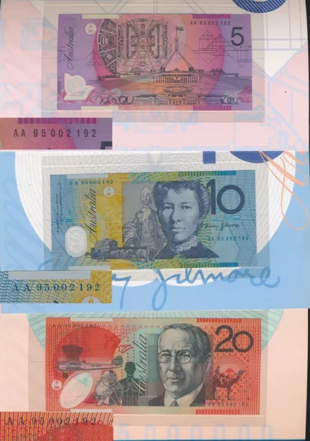 Australia: 1995 $5 to $20 "SET DELUXE MATCHED LOW NUMBER" NPA Folders. Cat $435