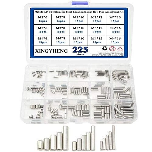 225Pcs 15 Kinds M2 M3 M4 304 Stainless Steel Dowel Pins Assortment