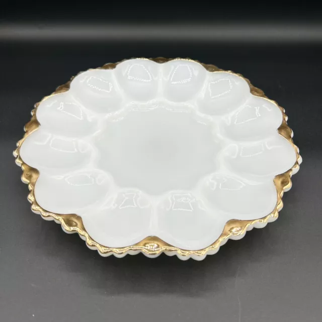 Vintage Anchor Hocking Gold Trim Milk Glass Deviled Egg Plate Holds 12 Eggs