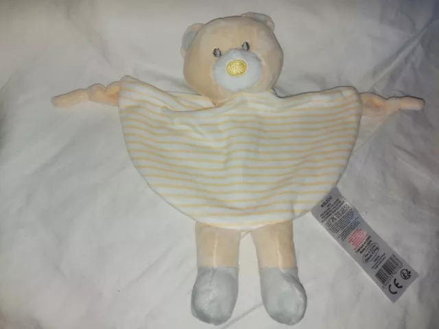 Doudou plat Ours grelot beige blanc gris jaune rayé TOM & KIDDY neuf
