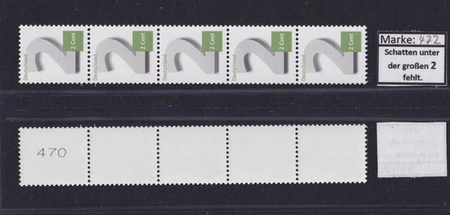 Bund 3042 2-Cent 5er Streifen gerade Nr Schatten unter der großen 2 fehlt **/472