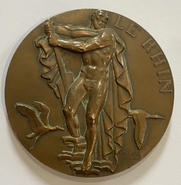 Medaille En Bronze Par Marcel Renard @ 1939 @ Le Rhin @ Fleuve @ Alsace @ Medal