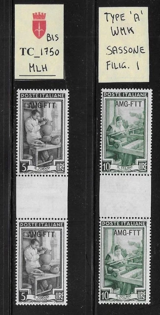 TC_1750_BIS. TRIESTE FTT. Gutter pairs of 1950 "ITALIA LAVORO"- Type A wmk. MLH