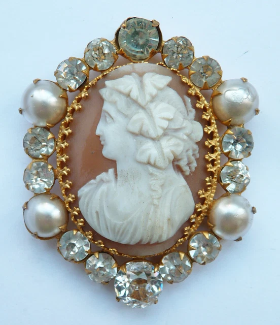 Superbe Broche Pendentif Camée Ancienne - Vierge à L'enfant - Métal Doré - Made In France