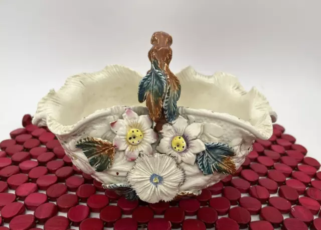 Antique Victorian Barbotine Majolica Flowers Ceramic Pottery Basket Vase England
