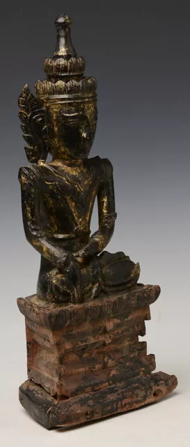 18th Century, Shan, Antique Burmese Wooden Seated Crowned Buddha 11
