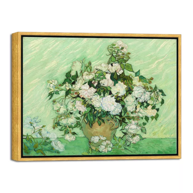 Framed Wall Art of Vase with Pink Roses by Van Gogh Paintings Bronze Gold Frame