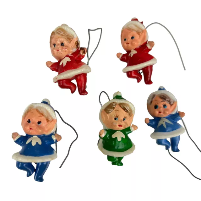 Vintage Lot 5 Dexter's Dancing Pixie Elves Red Green Blue 2” Christmas Ornaments