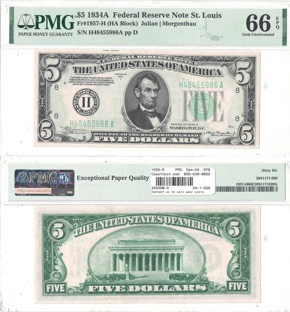 1934-A $5 St. Louis District FRN Fr 1957-H PMG Gem Uncirculated-66 EPQ