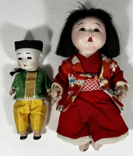 Japanese Gofun Ichimatsu Boy & Girl Doll 6" 8" Sleepy Glass Eyes Vintage READ