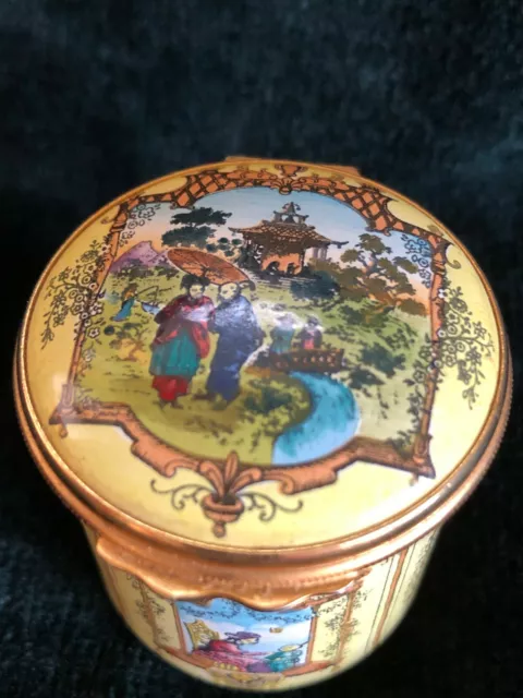 Halcyon Days Hinged 2 x1.5" Asian/Chinoiserie/Pagoda Yellow tall enamel box EUC