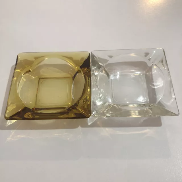 Pair Of Vintage Amber & Clear Glass Ash Tray Retro 11.5 cm Heavy Square Cut