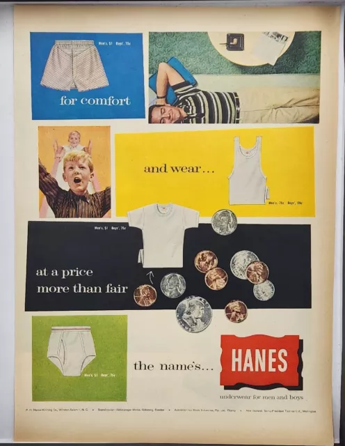 1960 Hanes Underwear Men Boys Vintage Print Ad Poster Man Cave Art Deco 60's
