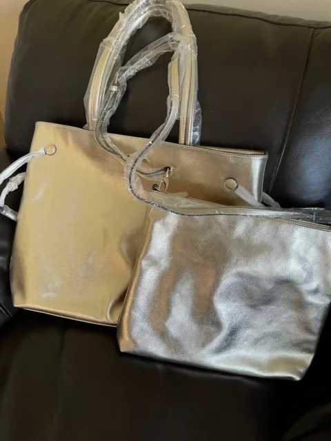 Folli Follie Large Faux Leather Foliage Tote Handbag Gold with cross-body bag 2