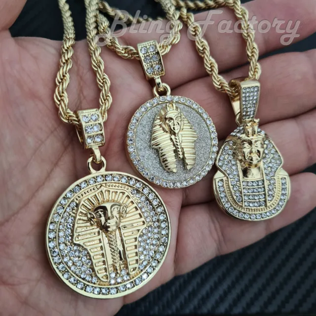 Iced Hip Hop Egyptian King Tut Pharaoh Pendant & 24" Rope Chain 3 Necklace Set