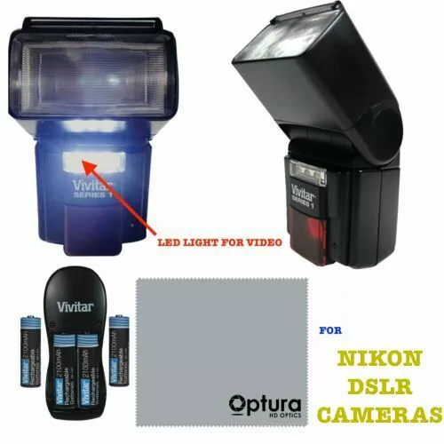 Dedicated Pro High Power Flash +Video Light + Batteries For Nikon D3500 D5600
