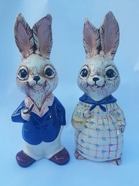 Anthropomorphic Bunny Rabbit Male Female Couple Vintage Ceramic Figurines