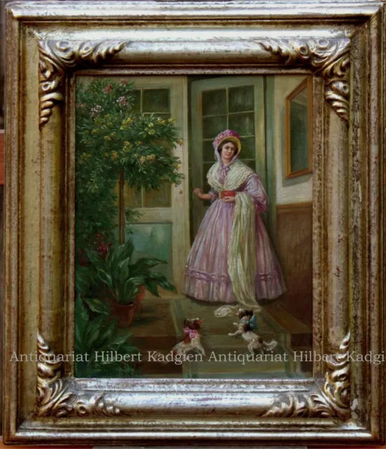 "Biedermeier-Dame En Violetas Vestido "Signiertes Pintura Al Óleo Madera Um 1890