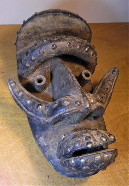 Amazing mustachioed BETE MASK Ivory Coast brass tack studded [Boston Primitive]