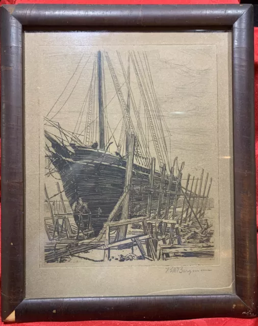 Vintage/Anti Etching Print Ship Being Built Pencil Signed Framed Original 14X11.