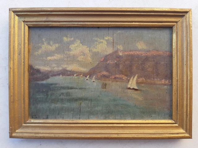 Ancien petit tableau MARINE bateaux VOILIERS bord mer CRIQUE peinture G.J. 1946
