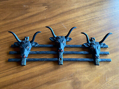 Vintage 1950s Cast Iron Steer Head Wall Hooks Caddy Bull Rare Cabin Kitchen Chic