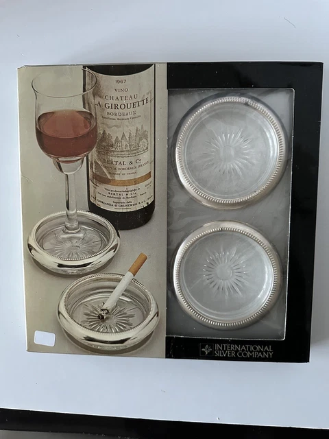 Vintage International Silver Co Silver plate & Glass Coasters NOS