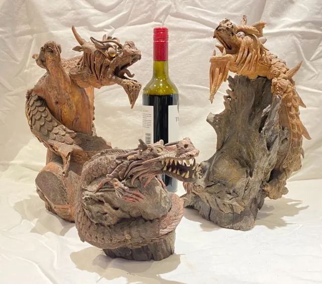 3 Rare Antique Dragon wood carving's 1800 / 1900s Chinese old private collection