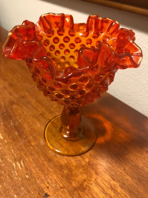 FENTON GLASS Amber Fire HOBNAIL RUFFLED Vintage? Estate Find Goblet Small