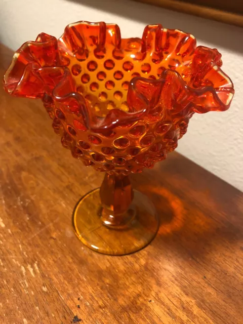 FENTON GLASS Amber Fire HOBNAIL RUFFLED Vintage? Estate Find Goblet Small