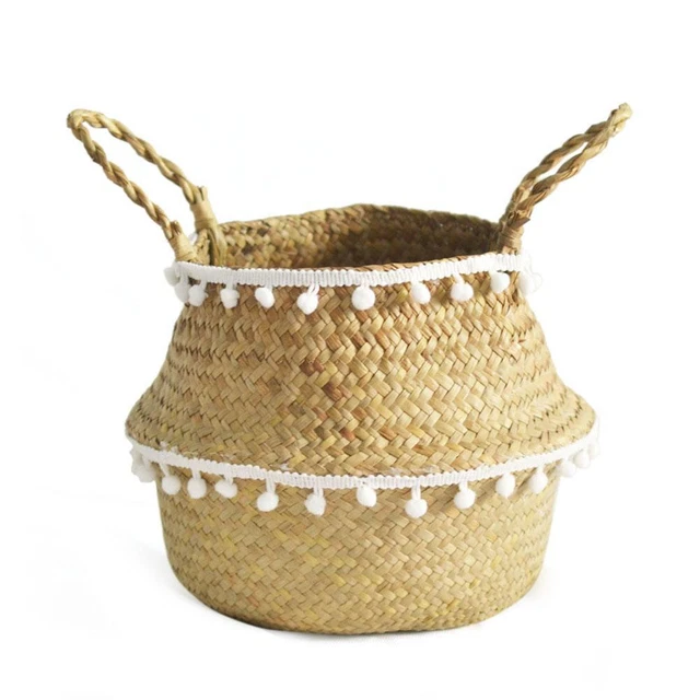 Cesta de almacenamiento plegable hecha a mano paja ratán jardín maceta (S)