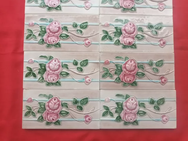 10 Piece Lot Old Art Floral Design Embossed Majolica Ceramic Tiles Japan 0178 3