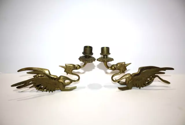 Antique Brass Dragon Pheonix Gryphon Candlestick Holder Set