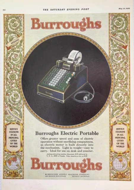 1930s~Burroughs Portable Adding Machine~Calculator~Office Decor~Vintage Print Ad