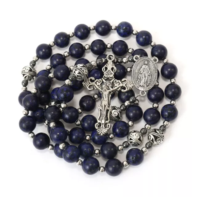 Lapis Lazuli Beads Rosary Necklace Miraculous Medal with Silver Crucifix