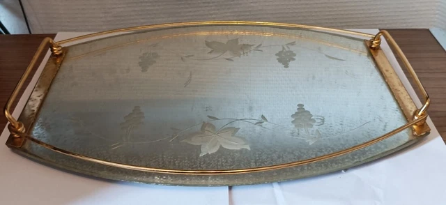 Plateau Ancien En Verre – Décor Doré Et émaillé, Pour Service, Vintage