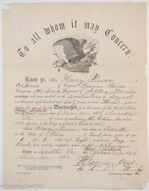 Rare Civil War Discharge Papers Harry Pierce Illionois Artillery 1862, Nice!