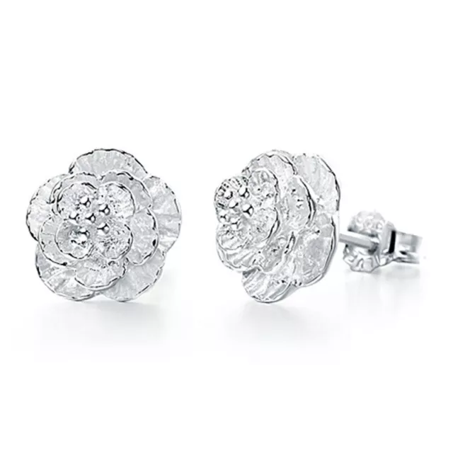 925 Sterling Silver Rose Flowers Stud Earrings Womens Girl's Fashion Jewelry